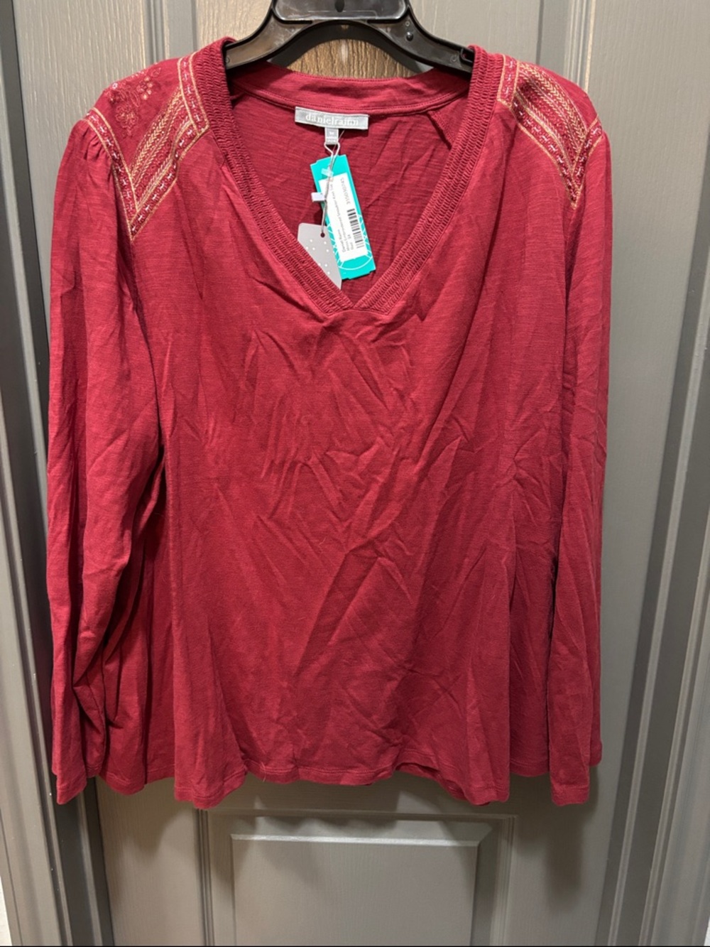 Daniel Rainn Wine Red V-Neck Long Sleeve Top with Embroidered Shoulders